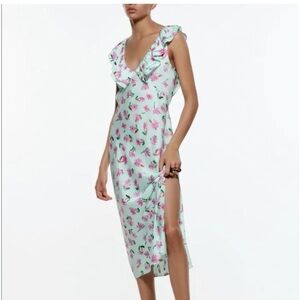 Zara floral slip dress with ruffle sleeves